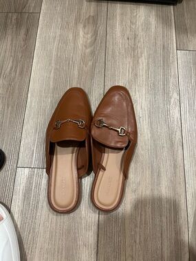 Old Navy Brown Slip-On Leather Mules with Gold Tone Bit